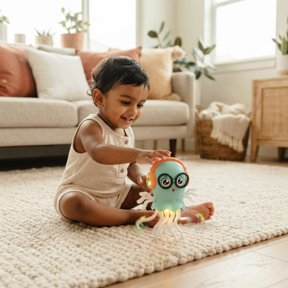 Indian toddler playing with a dancing jellyfish toy on a cream-colored rug in a sunlit living room.