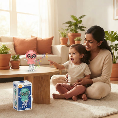 A South Asian mother and toddler watching a dancing jellyfish toy on a wooden table in a sunlit, terracotta and cream-toned r