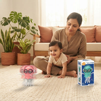 A South Asian mother and baby playing with a dancing jellyfish toy on a rug in a sunlit living room.